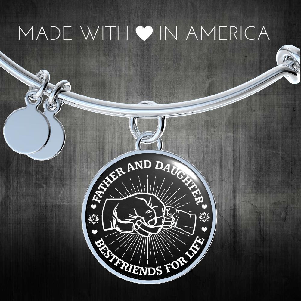 FATHER DAUGHTER FIST BUMP BEST FRIENDS - (BLACK & WHITE) SILVER FINISHED CIRCLE BANGLE BRACELET - podprintz.com