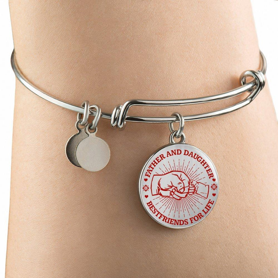 FATHER DAUGHTER FIST BUMP BEST FRIENDS - (RED ON TRANSPARENT) SILVER FINISHED CIRCLE BANGLE BRACELET - podprintz.com