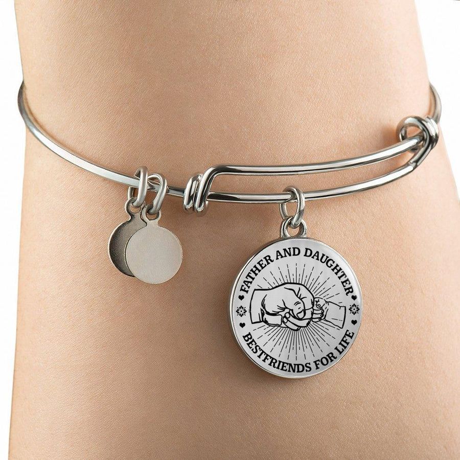 FATHER DAUGHTER FIST BUMP BEST FRIENDS - (BLACK ON TRANSPARENT) SILVER FINISHED CIRCLE BANGLE BRACELET - podprintz.com