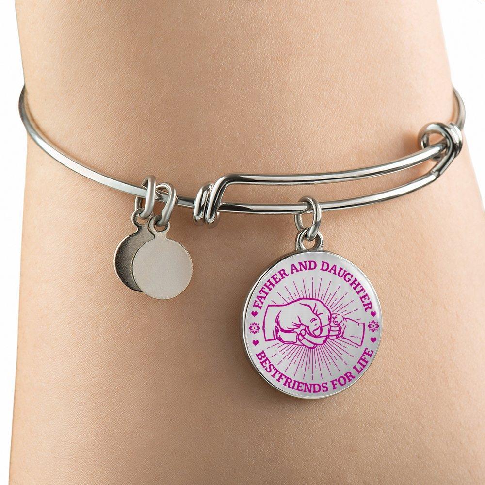 FATHER DAUGHTER FIST BUMP BEST FRIENDS - (PINK ON TRANSPARENT) SILVER FINISHED CIRCLE BANGLE BRACELET - podprintz.com