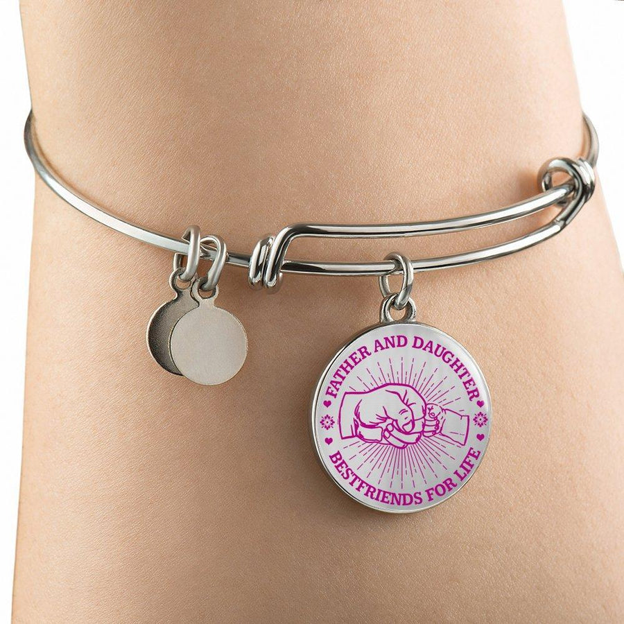 FATHER DAUGHTER FIST BUMP BEST FRIENDS - (PINK ON TRANSPARENT) SILVER FINISHED CIRCLE BANGLE BRACELET - podprintz.com