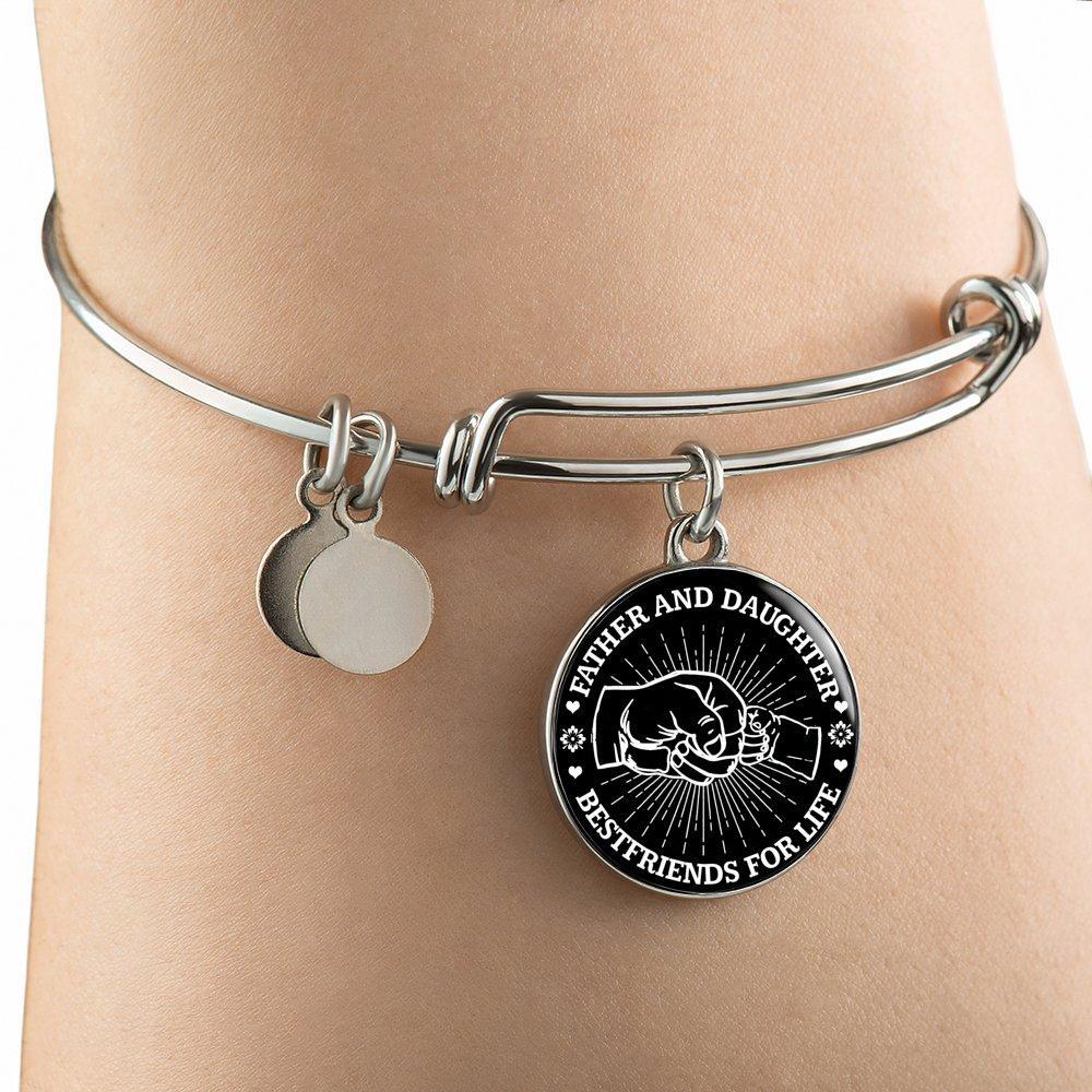 FATHER DAUGHTER FIST BUMP BEST FRIENDS - (BLACK & WHITE) SILVER FINISHED CIRCLE BANGLE BRACELET - podprintz.com