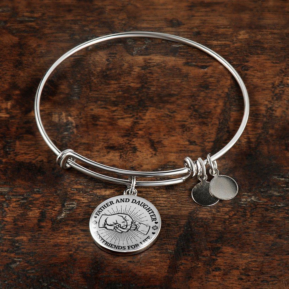 FATHER DAUGHTER FIST BUMP BEST FRIENDS - (BLACK ON TRANSPARENT) SILVER FINISHED CIRCLE BANGLE BRACELET - podprintz.com