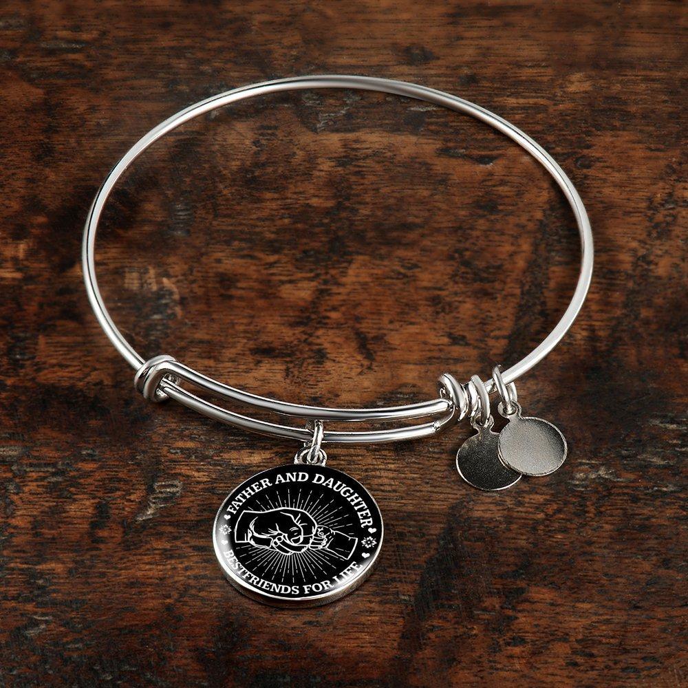 FATHER DAUGHTER FIST BUMP BEST FRIENDS - (BLACK & WHITE) SILVER FINISHED CIRCLE BANGLE BRACELET - podprintz.com