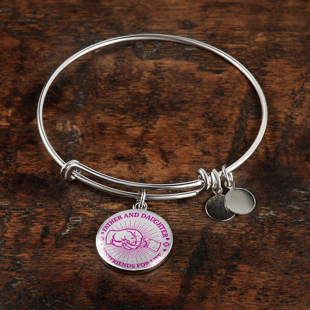 FATHER DAUGHTER FIST BUMP BEST FRIENDS - (PINK ON TRANSPARENT) SILVER FINISHED CIRCLE BANGLE BRACELET - podprintz.com