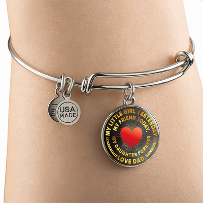 My Little Girl Forever, Love Dad (Yellow Text) - Silver Finished Circle Bangle Bracelet - podprintz.com