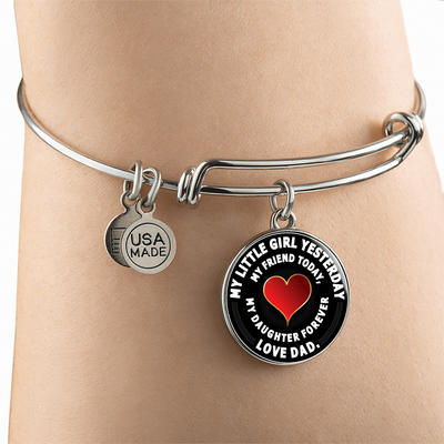 My Little Girl Forever, Love Dad (White Text) - Silver Finished Circle Bangle Bracelet - podprintz.com