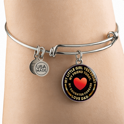 My Little Girl Forever, Love Dad (Yellowish Text) - Silver Finished Circle Bangle Bracelet - podprintz.com