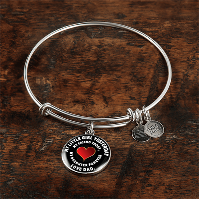 My Little Girl Forever, Love Dad (White Text) - Silver Finished Circle Bangle Bracelet - podprintz.com
