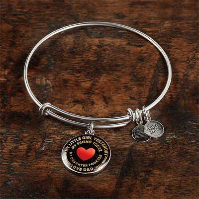 My Little Girl Forever, Love Dad (Yellowish Text) - Silver Finished Circle Bangle Bracelet - podprintz.com