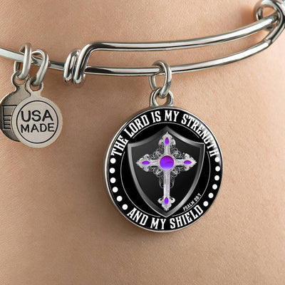LORD IS MY STRENGTH AND MY SHIELD (PURPLE CROSS) - SILVER AND GOLD FINISHED CIRCLE BANGLE BRACELET EO - podprintz.com