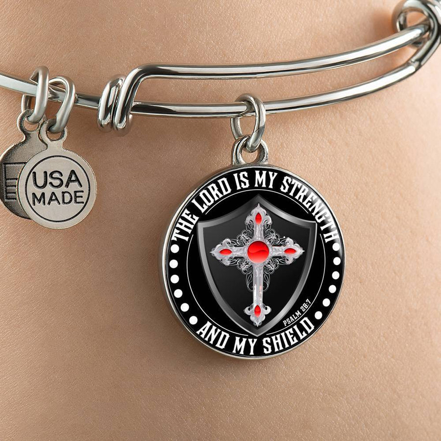 LORD IS MY STRENGTH AND MY SHIELD (RED CROSS) - SILVER AND GOLD FINISHED CIRCLE BANGLE BRACELET EO - podprintz.com