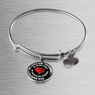 My Little Girl Forever, Love Dad (White Text) - Silver Finished Circle Bangle Bracelet - podprintz.com