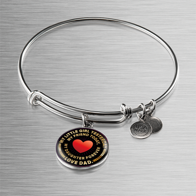 My Little Girl Forever, Love Dad (Yellowish Text) - Silver Finished Circle Bangle Bracelet - podprintz.com