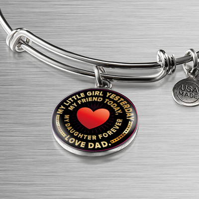 My Little Girl Forever, Love Dad (Yellowish Text) - Silver Finished Circle Bangle Bracelet - podprintz.com