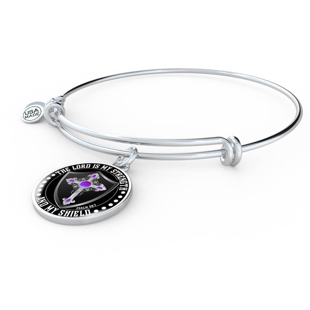 LORD IS MY STRENGTH AND MY SHIELD (PURPLE CROSS) - SILVER AND GOLD FINISHED CIRCLE BANGLE BRACELET EO - podprintz.com