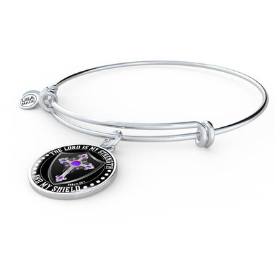 LORD IS MY STRENGTH AND MY SHIELD (PURPLE CROSS) - SILVER AND GOLD FINISHED CIRCLE BANGLE BRACELET EO - podprintz.com
