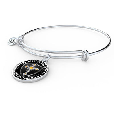 LORD IS MY STRENGTH AND MY SHIELD (YELLOW CROSS) - SILVER AND GOLD FINISHED CIRCLE BANGLE BRACELET EO - podprintz.com
