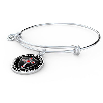LORD IS MY STRENGTH AND MY SHIELD (RED CROSS) - SILVER AND GOLD FINISHED CIRCLE BANGLE BRACELET EO - podprintz.com