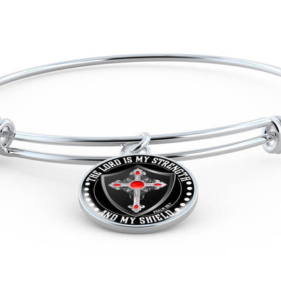 LORD IS MY STRENGTH AND MY SHIELD (RED CROSS) - SILVER AND GOLD FINISHED CIRCLE BANGLE BRACELET EO - podprintz.com