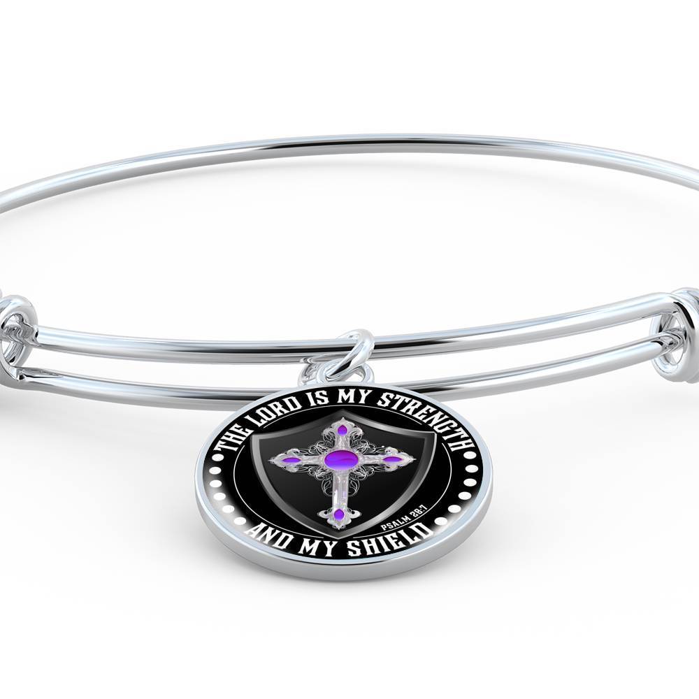 LORD IS MY STRENGTH AND MY SHIELD (PURPLE CROSS) - SILVER AND GOLD FINISHED CIRCLE BANGLE BRACELET EO - podprintz.com