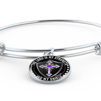 LORD IS MY STRENGTH AND MY SHIELD (PURPLE CROSS) - SILVER AND GOLD FINISHED CIRCLE BANGLE BRACELET EO - podprintz.com