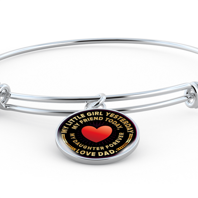 My Little Girl Forever, Love Dad (Yellowish Text) - Silver Finished Circle Bangle Bracelet - podprintz.com