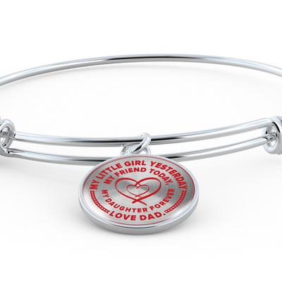 My Little Girl Forever, Love Dad - Silver Finished Circle Bangle Bracelet (Red on Transparent) - podprintz.com