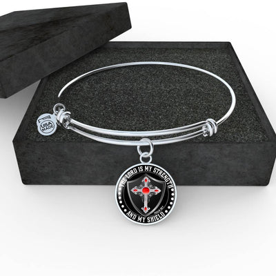 LORD IS MY STRENGTH AND MY SHIELD (RED CROSS) - SILVER AND GOLD FINISHED CIRCLE BANGLE BRACELET EO - podprintz.com