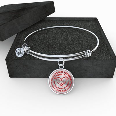 My Little Girl Forever, Love Dad - Silver Finished Circle Bangle Bracelet (Red on Transparent) - podprintz.com