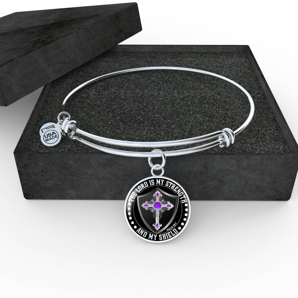 LORD IS MY STRENGTH AND MY SHIELD (PURPLE CROSS) - SILVER AND GOLD FINISHED CIRCLE BANGLE BRACELET EO - podprintz.com