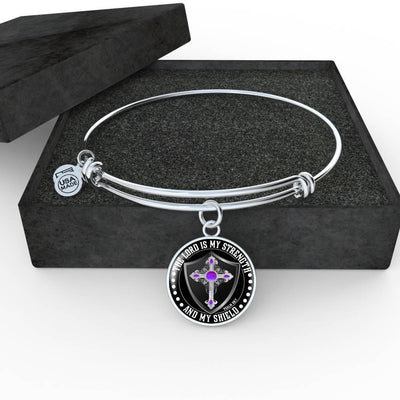 LORD IS MY STRENGTH AND MY SHIELD (PURPLE CROSS) - SILVER AND GOLD FINISHED CIRCLE BANGLE BRACELET EO - podprintz.com