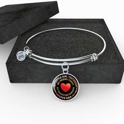 My Little Girl Forever, Love Dad (Yellowish Text) - Silver Finished Circle Bangle Bracelet - podprintz.com