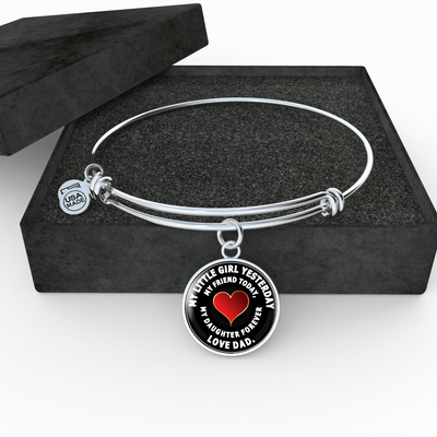 My Little Girl Forever, Love Dad (White Text) - Silver Finished Circle Bangle Bracelet - podprintz.com