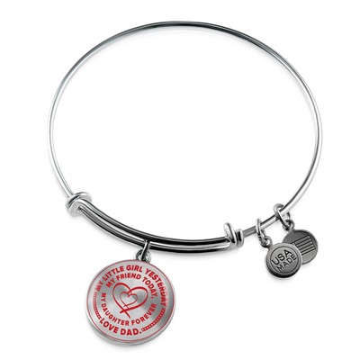 My Little Girl Forever, Love Dad - Silver Finished Circle Bangle Bracelet (Red on Transparent) - podprintz.com
