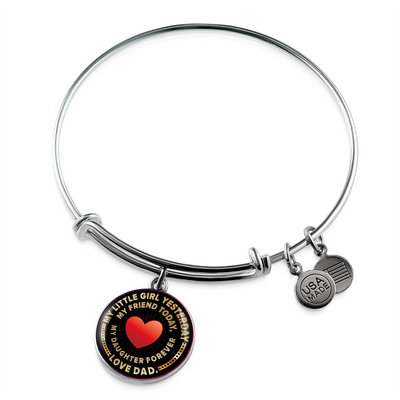 My Little Girl Forever, Love Dad (Yellowish Text) - Silver Finished Circle Bangle Bracelet - podprintz.com