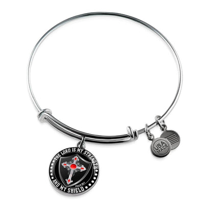 LORD IS MY STRENGTH AND MY SHIELD (RED CROSS) - SILVER AND GOLD FINISHED CIRCLE BANGLE BRACELET EO - podprintz.com