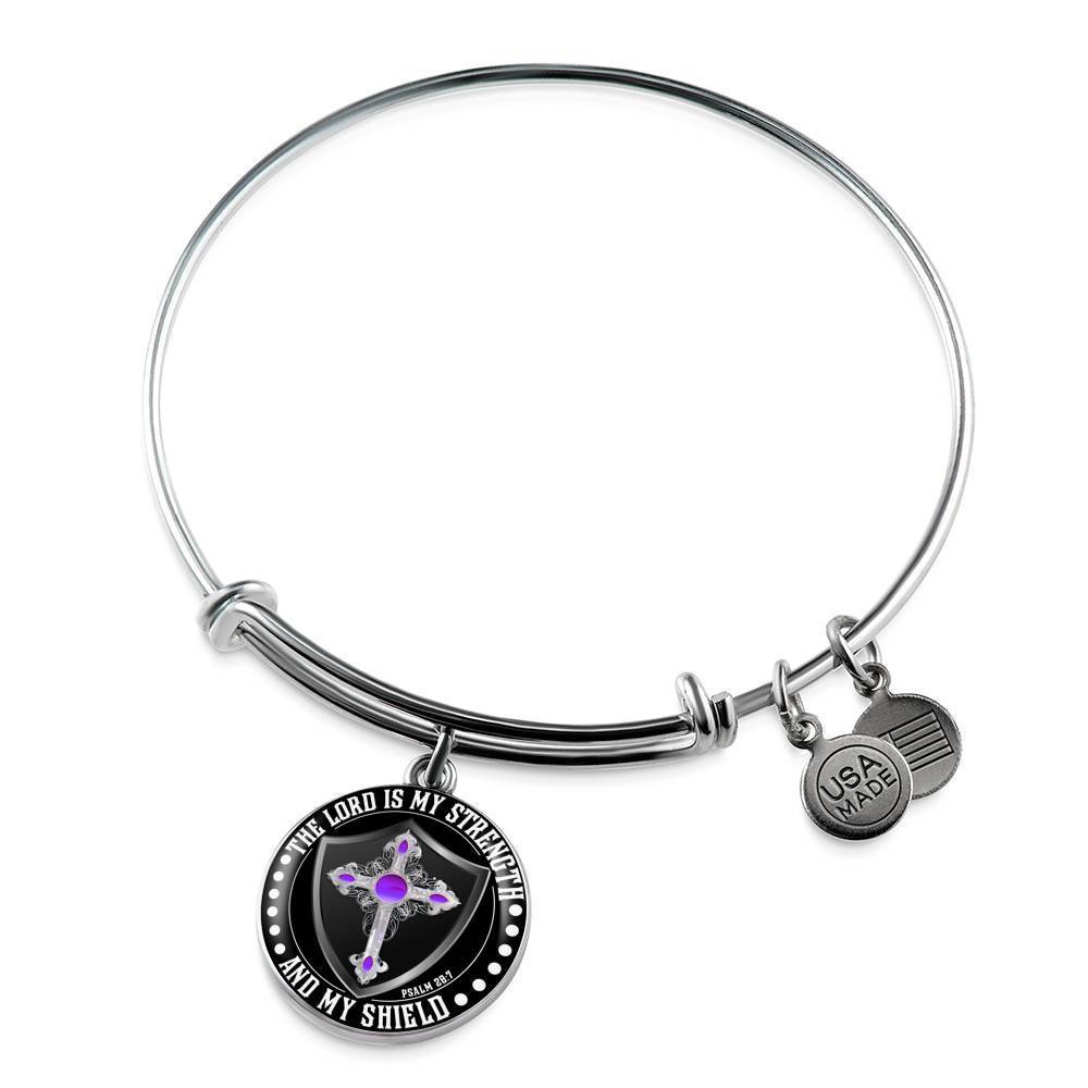LORD IS MY STRENGTH AND MY SHIELD (PURPLE CROSS) - SILVER AND GOLD FINISHED CIRCLE BANGLE BRACELET EO - podprintz.com