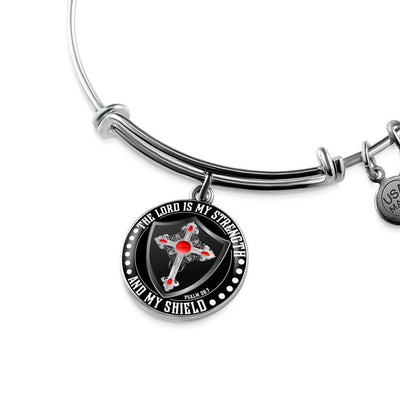 LORD IS MY STRENGTH AND MY SHIELD (RED CROSS) - SILVER AND GOLD FINISHED CIRCLE BANGLE BRACELET EO - podprintz.com