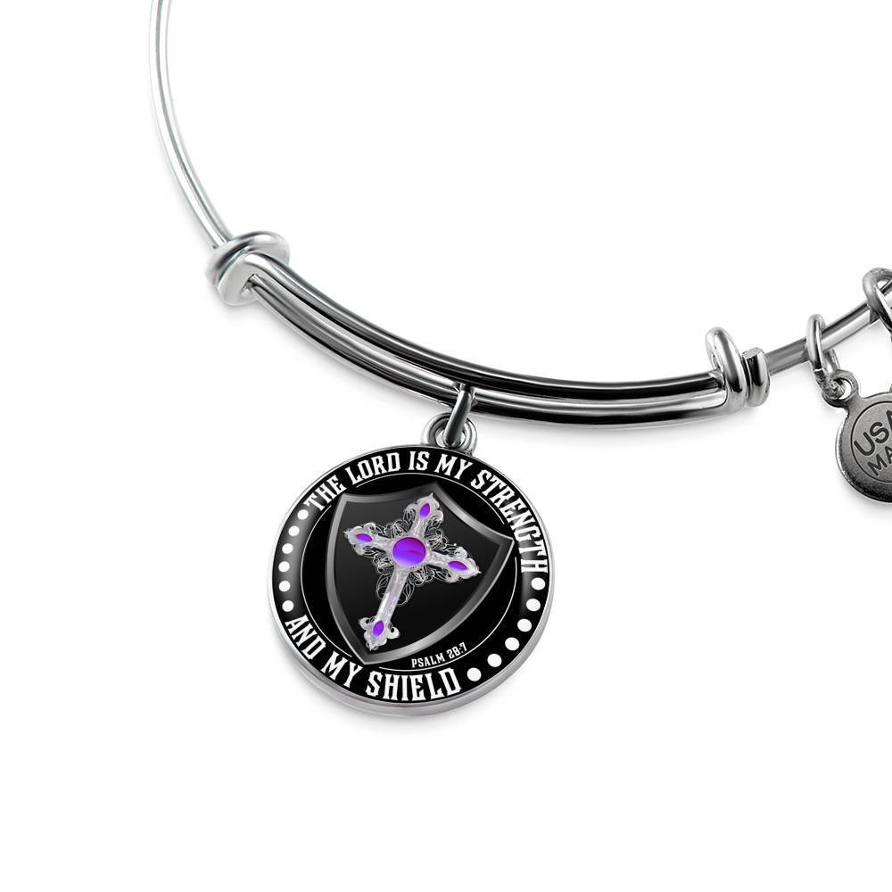 LORD IS MY STRENGTH AND MY SHIELD (PURPLE CROSS) - SILVER AND GOLD FINISHED CIRCLE BANGLE BRACELET EO - podprintz.com