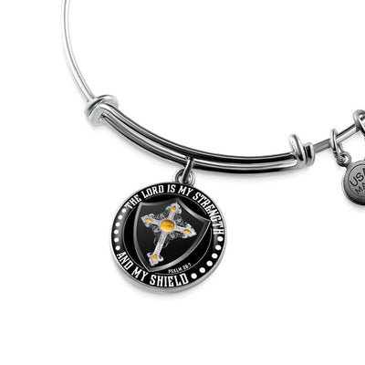 LORD IS MY STRENGTH AND MY SHIELD (YELLOW CROSS) - SILVER AND GOLD FINISHED CIRCLE BANGLE BRACELET EO - podprintz.com