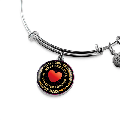 My Little Girl Forever, Love Dad (Yellowish Text) - Silver Finished Circle Bangle Bracelet - podprintz.com