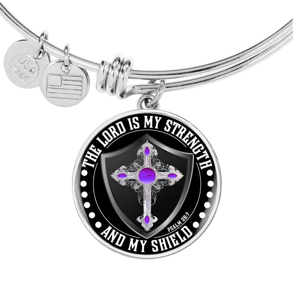 LORD IS MY STRENGTH AND MY SHIELD (PURPLE CROSS) - SILVER AND GOLD FINISHED CIRCLE BANGLE BRACELET EO - podprintz.com