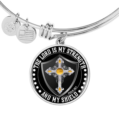 LORD IS MY STRENGTH AND MY SHIELD (YELLOW CROSS) - SILVER AND GOLD FINISHED CIRCLE BANGLE BRACELET EO - podprintz.com