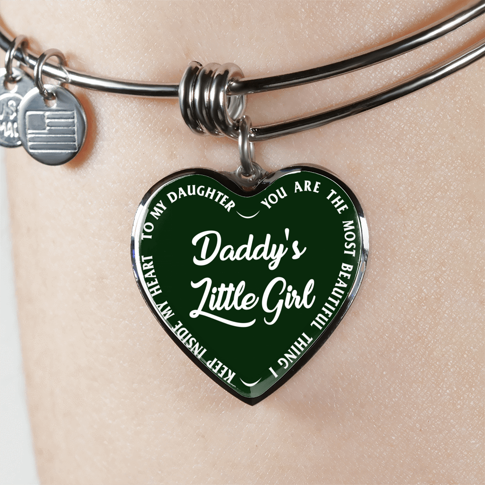 Daddy's Little Girl Gold or Silver Finished Heart Shaped Bangle Bracelet (White on Green) - podprintz.com