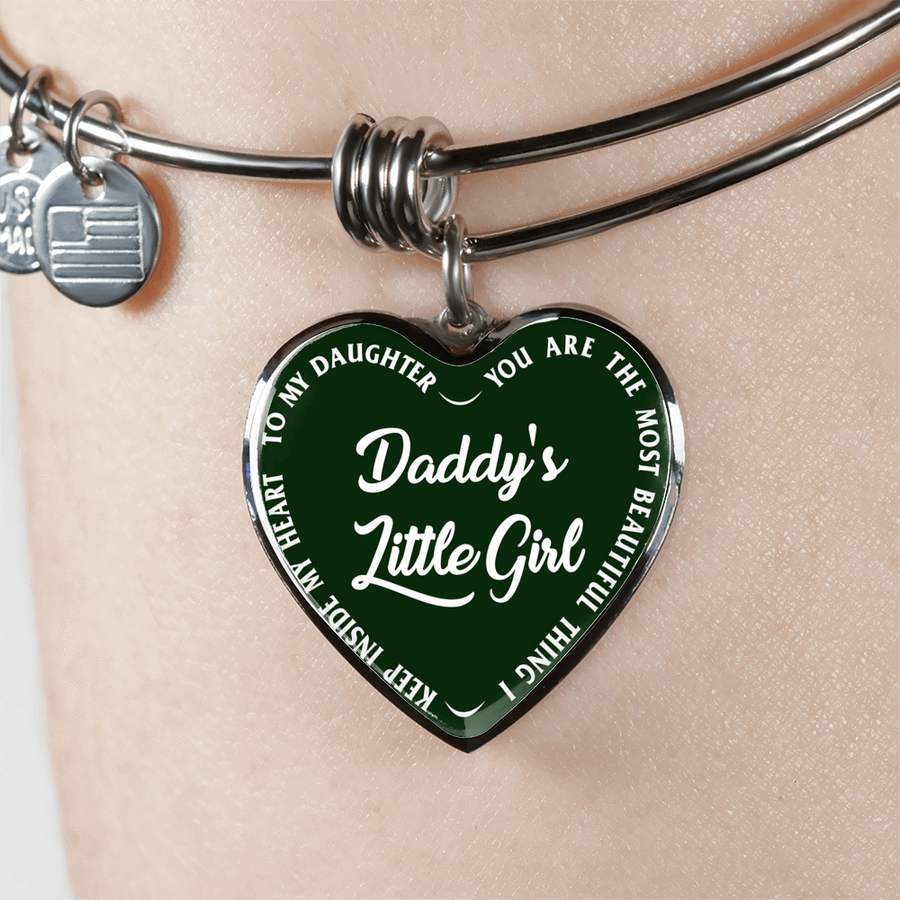 Daddy's Little Girl Gold or Silver Finished Heart Shaped Bangle Bracelet (White on Green) - podprintz.com