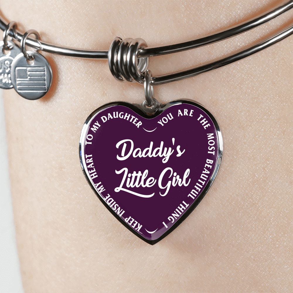 Daddy's Little Girl Gold or Silver Finished Heart Shaped Bangle Bracelet (White on Purple) - podprintz.com