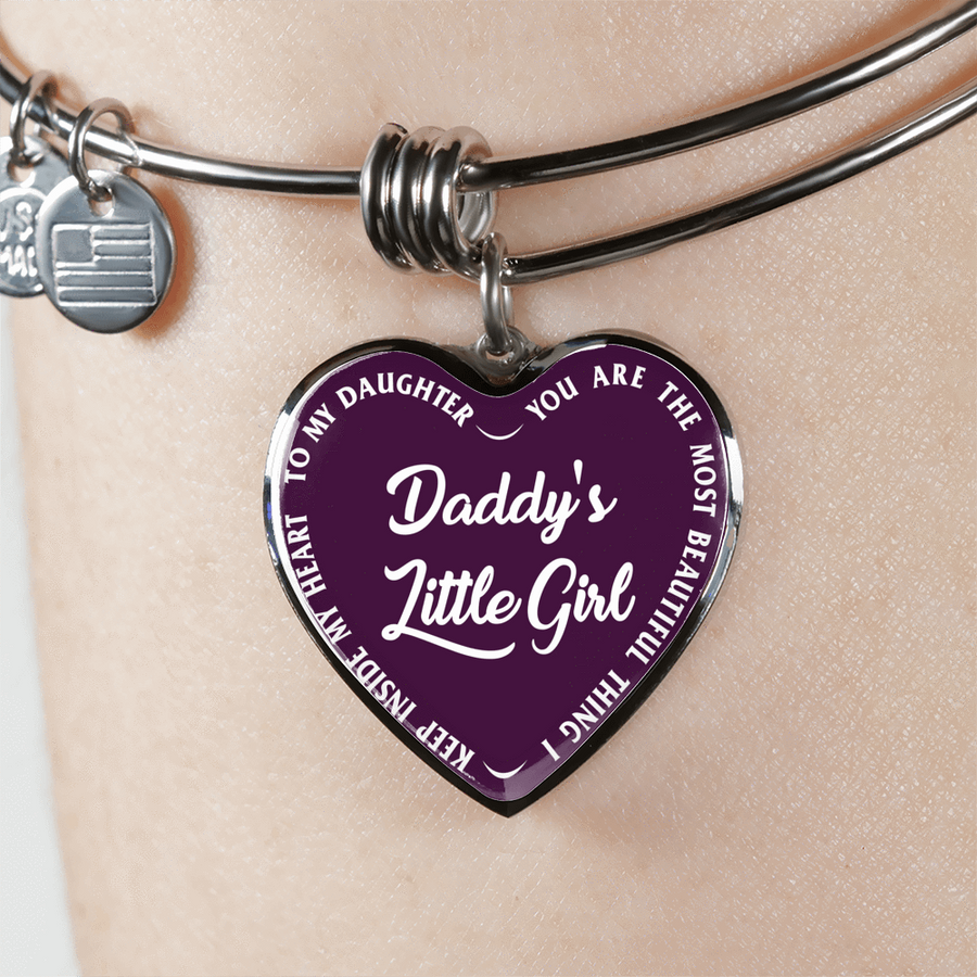 Daddy's Little Girl Gold or Silver Finished Heart Shaped Bangle Bracelet (White on Purple) - podprintz.com