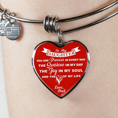 MY DAUGHTER YOU ARE PRECIOUS, SUNSHINE, JOY LOVE DAD - SILVER AND GOLD FINISHED HEART SHAPED NECKLACE AND BANGLE BRACELET (WHITE ON RED) EO - podprintz.com