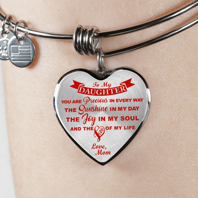 MY DAUGHTER YOU ARE PRECIOUS, SUNSHINE, JOY LOVE MOM - SILVER AND GOLD FINISHED HEART SHAPED BANGLE BRACELET (RED ON TRANSPARENT) - podprintz.com